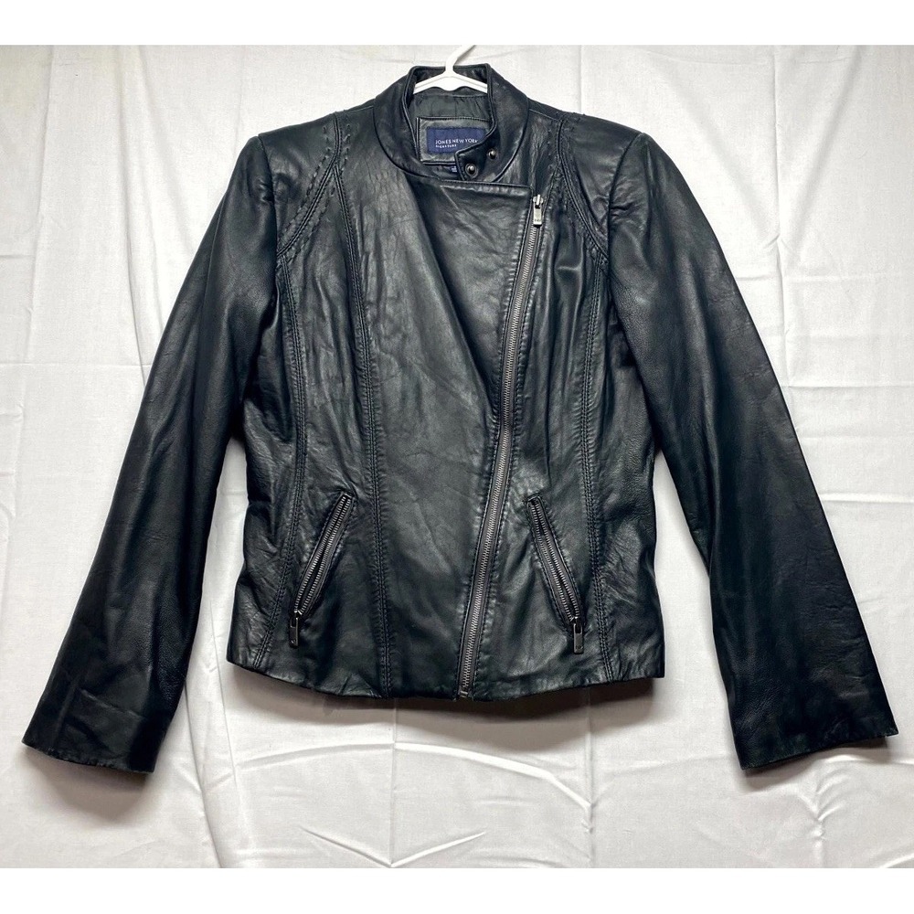Jones New York Signature Genuine Leather Jacket Womens Medium Black Asymmetrical